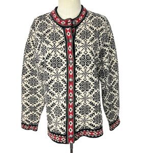 L.L. Bean Black and Cream Vintage Nordic Merino Wool Cardigan snowflake Lodge